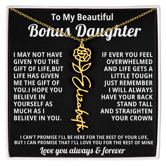 Personalized Name Necklace and Birth Month Flower- Beautiful Gift for Bonus Daughter