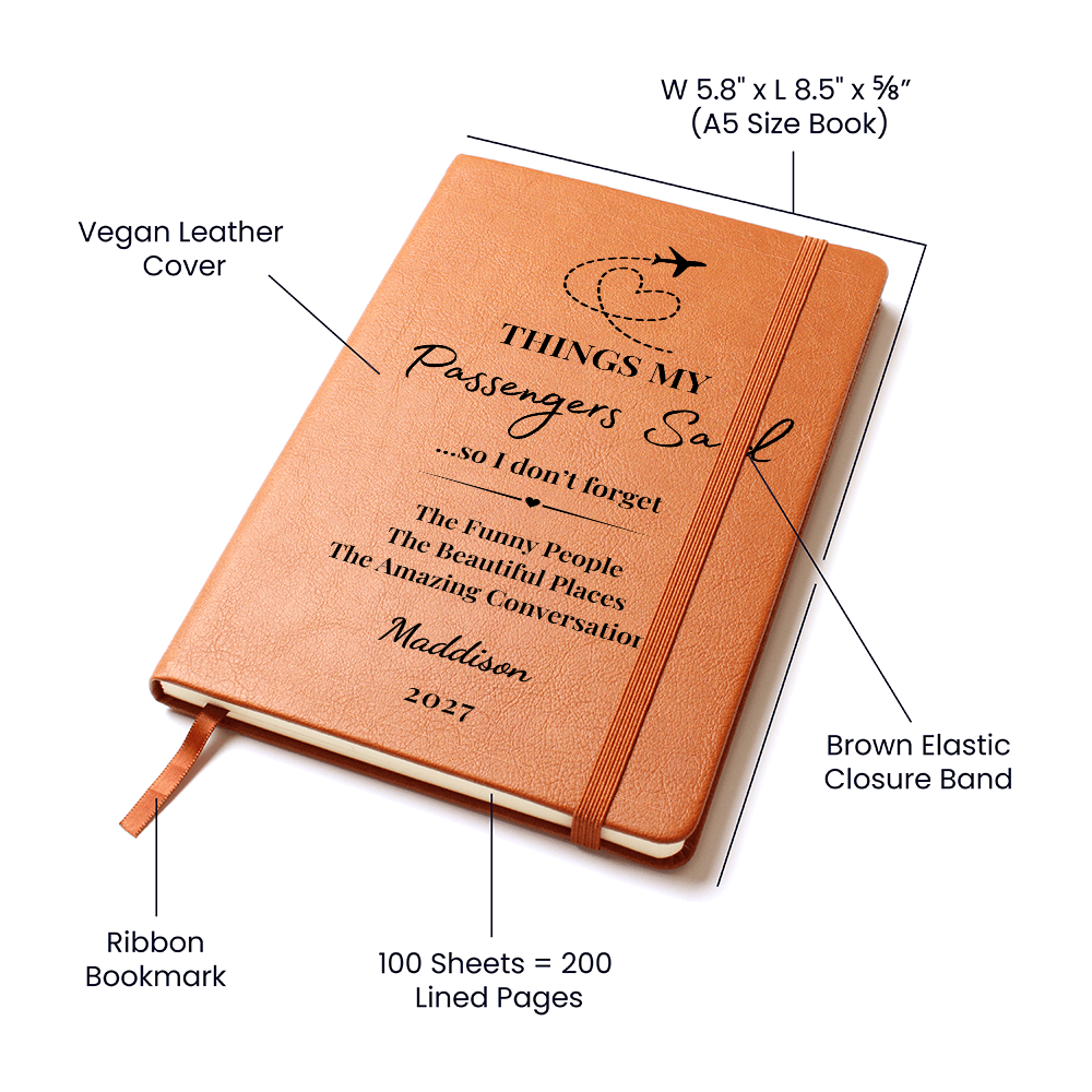 Personalized Pilot Journal, Flight Attendant Keepsake, Vegan Leather Cover (Custom Name)