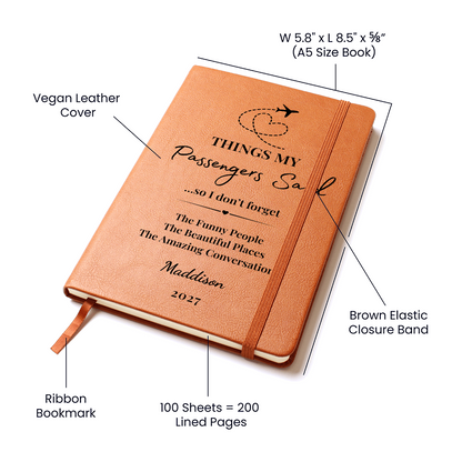 Personalized Pilot Journal, Flight Attendant Keepsake, Vegan Leather Cover (Custom Name)
