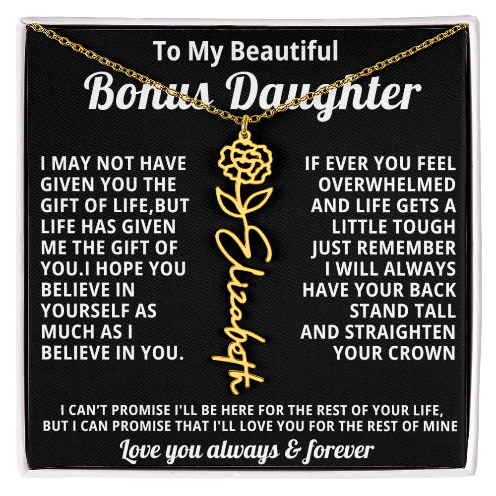 Personalized Name Necklace and Birth Month Flower- Beautiful Gift for Bonus Daughter