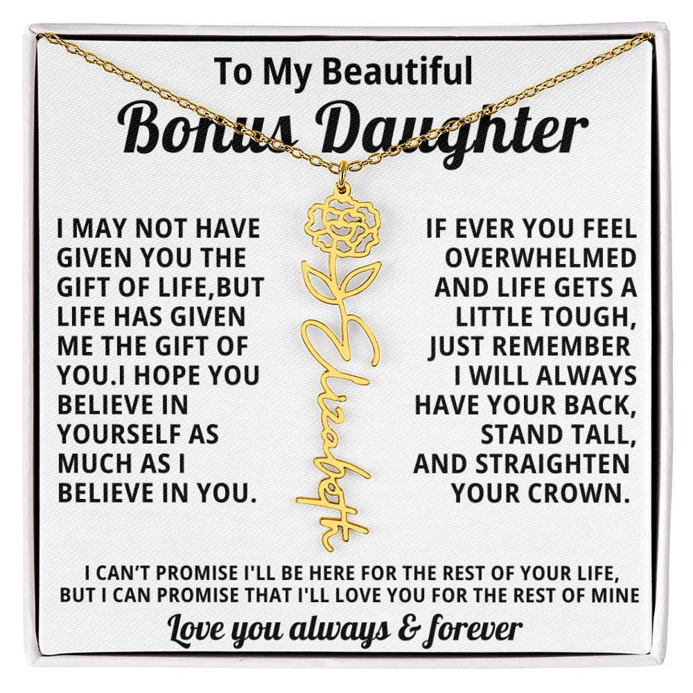 Personalized Name Necklace and Birth Month Flower- Beautiful Gift for Bonus Daughter