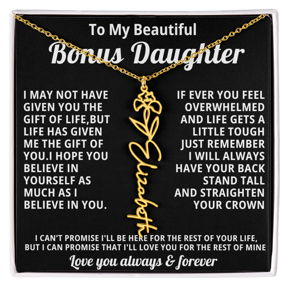 Personalized Name Necklace and Birth Month Flower- Beautiful Gift for Bonus Daughter