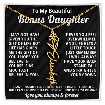 Personalized Name Necklace and Birth Month Flower- Beautiful Gift for Bonus Daughter