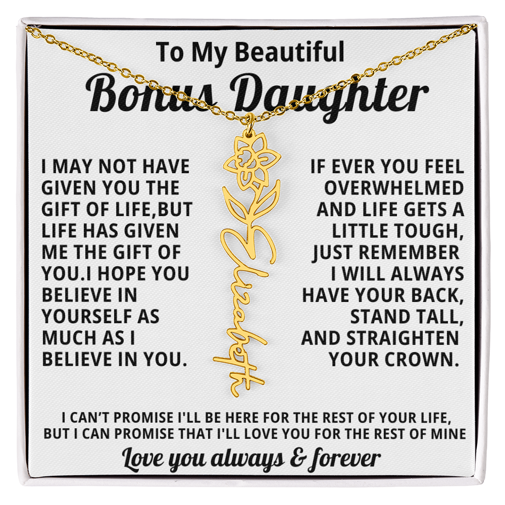 Personalized Name Necklace and Birth Month Flower- Beautiful Gift for Bonus Daughter