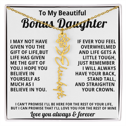 Personalized Name Necklace and Birth Month Flower- Beautiful Gift for Bonus Daughter