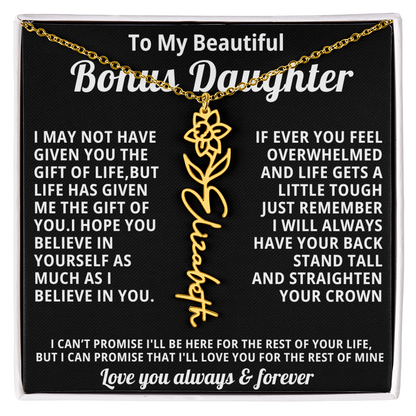 Personalized Name Necklace and Birth Month Flower- Beautiful Gift for Bonus Daughter