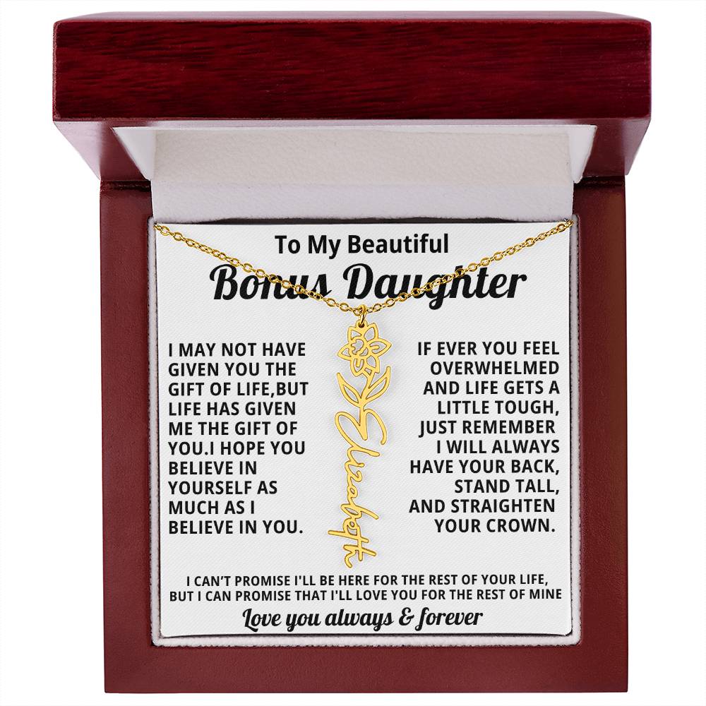 Personalized Name Necklace and Birth Month Flower- Beautiful Gift for Bonus Daughter