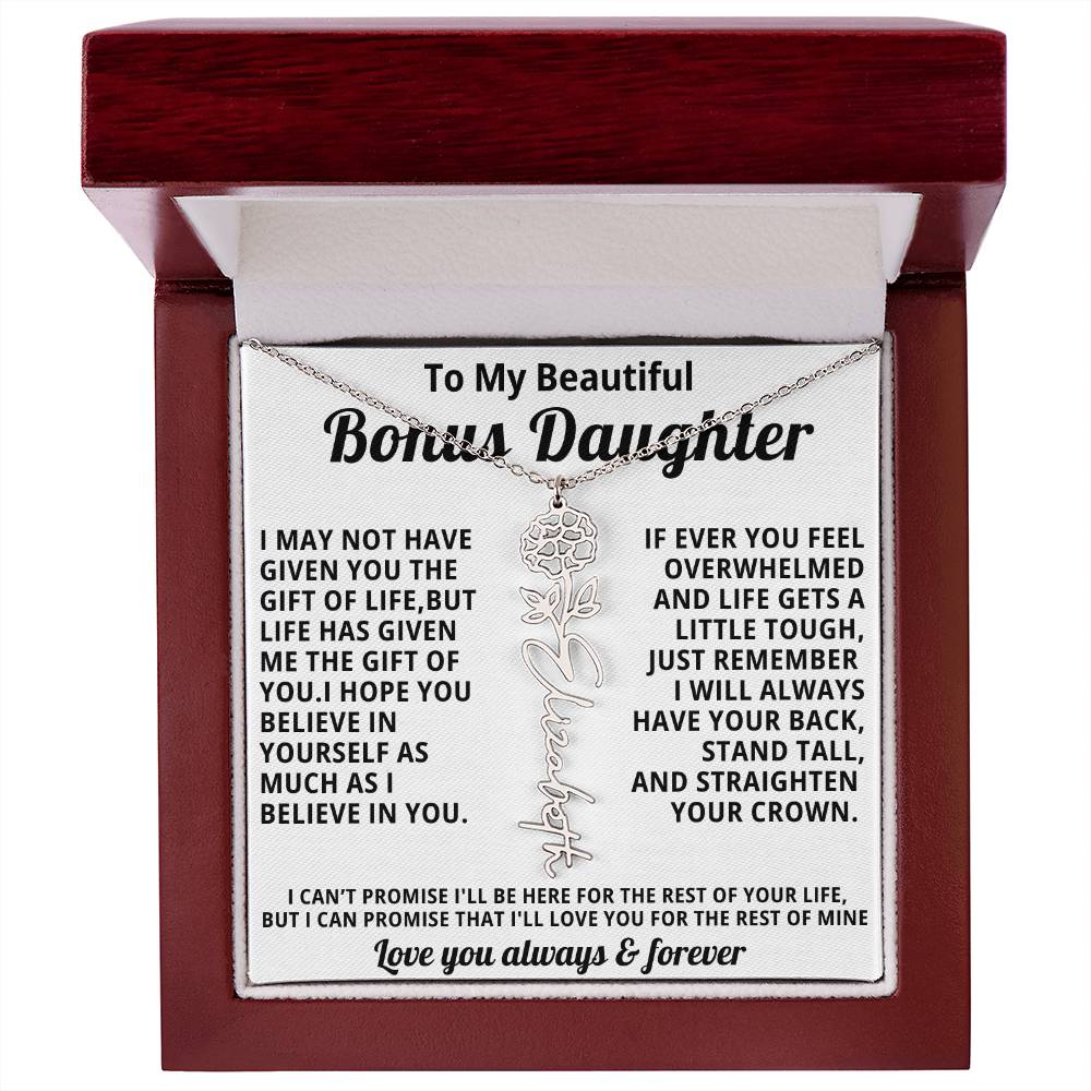 Personalized Name Necklace and Birth Month Flower- Beautiful Gift for Bonus Daughter