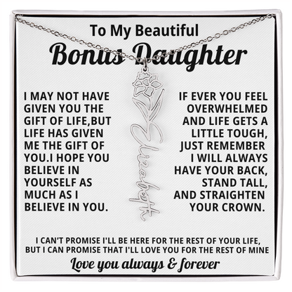 Personalized Name Necklace and Birth Month Flower- Beautiful Gift for Bonus Daughter