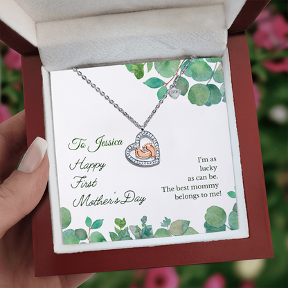 Perfect First Mother's Day Gift-Baby Feet Heart Necklace -Personalized Message with Mom's Name