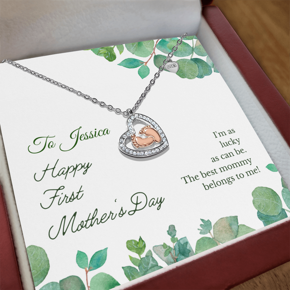 Perfect First Mother's Day Gift-Baby Feet Heart Necklace -Personalized Message with Mom's Name