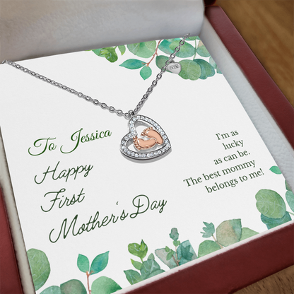 Perfect First Mother's Day Gift-Baby Feet Heart Necklace -Personalized Message with Mom's Name