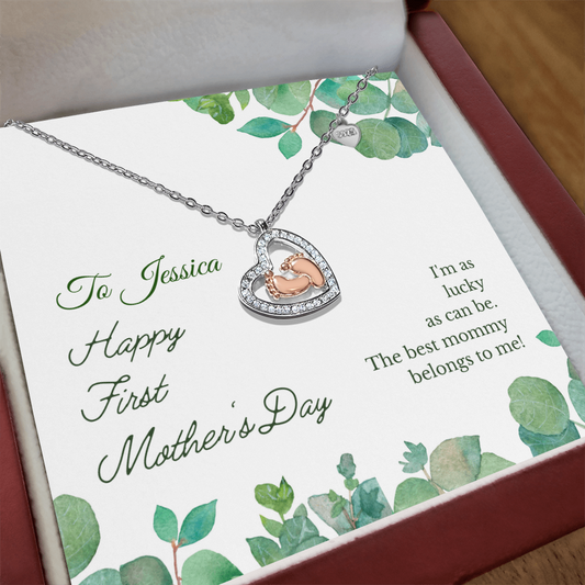 Perfect First Mother's Day Gift-Baby Feet Heart Necklace -Personalized Message with Mom's Name