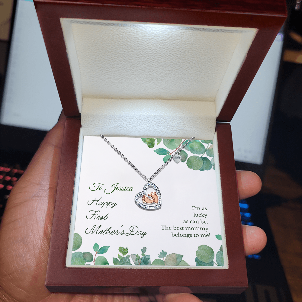 Perfect First Mother's Day Gift-Baby Feet Heart Necklace -Personalized Message with Mom's Name