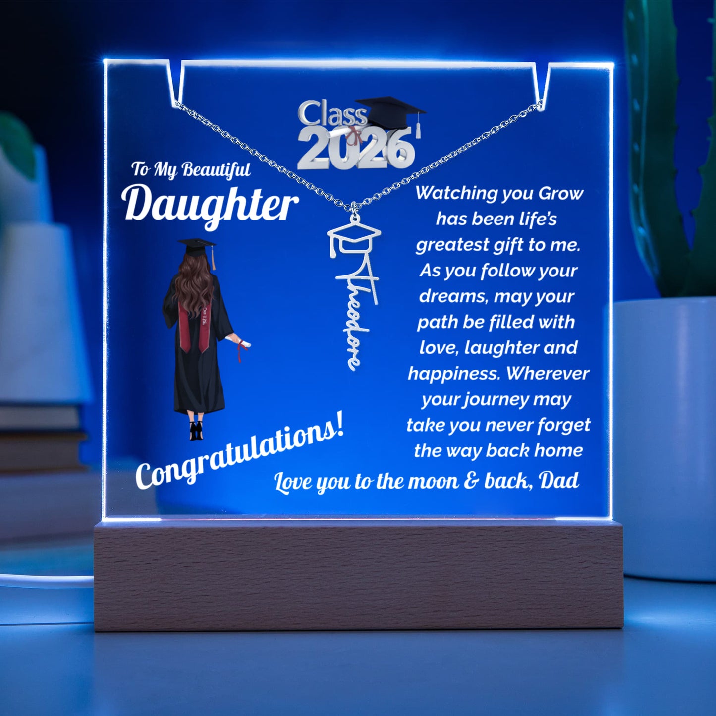 Daughter Keepsake Plaque for Graduation with Personalized Name Necklace