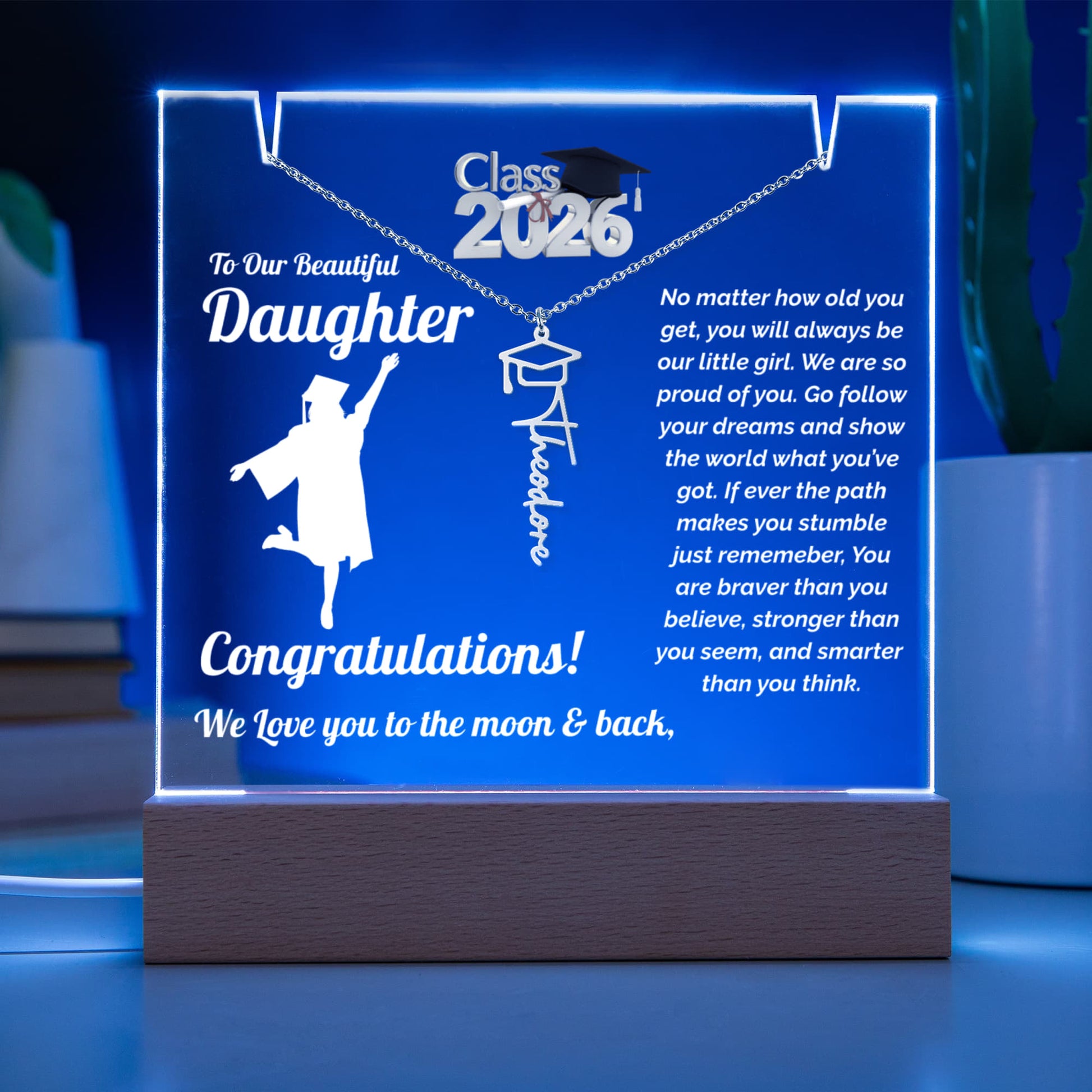 graduation necklace acrylic night light personalized name necklace with class 2026 student cap and gown female display color Blue