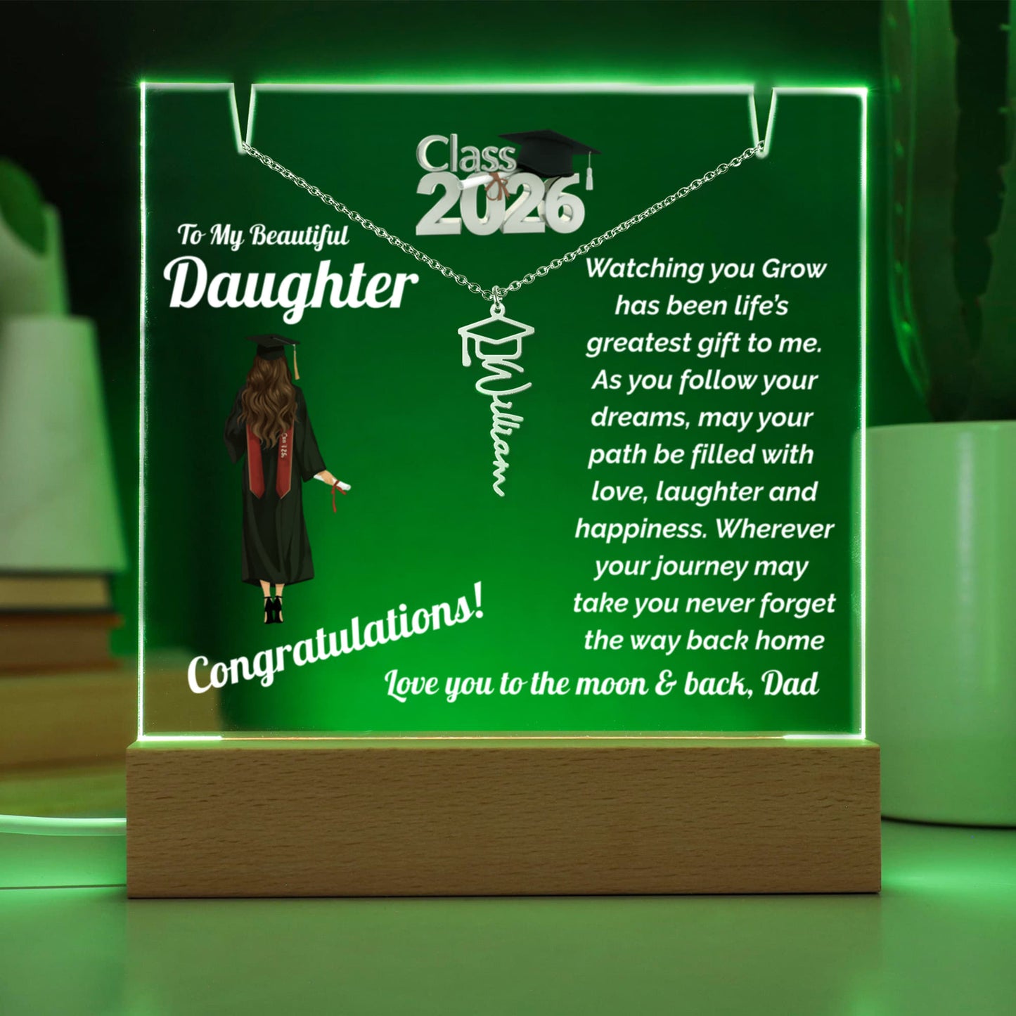 Daughter Keepsake Plaque for Graduation with Personalized Name Necklace