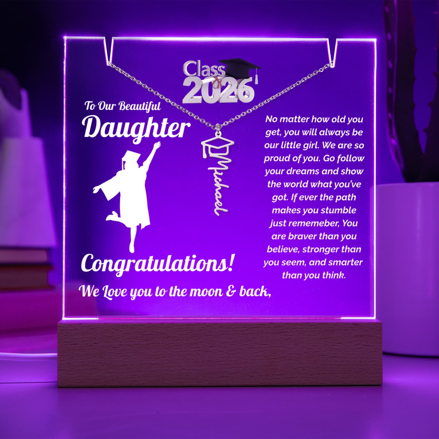graduation necklace acrylic night light personalized name necklace with class 2026 student cap and gown female display