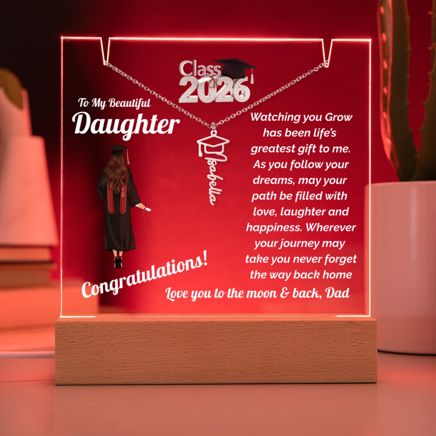 Daughter Keepsake Plaque for Graduation with Personalized Name Necklace