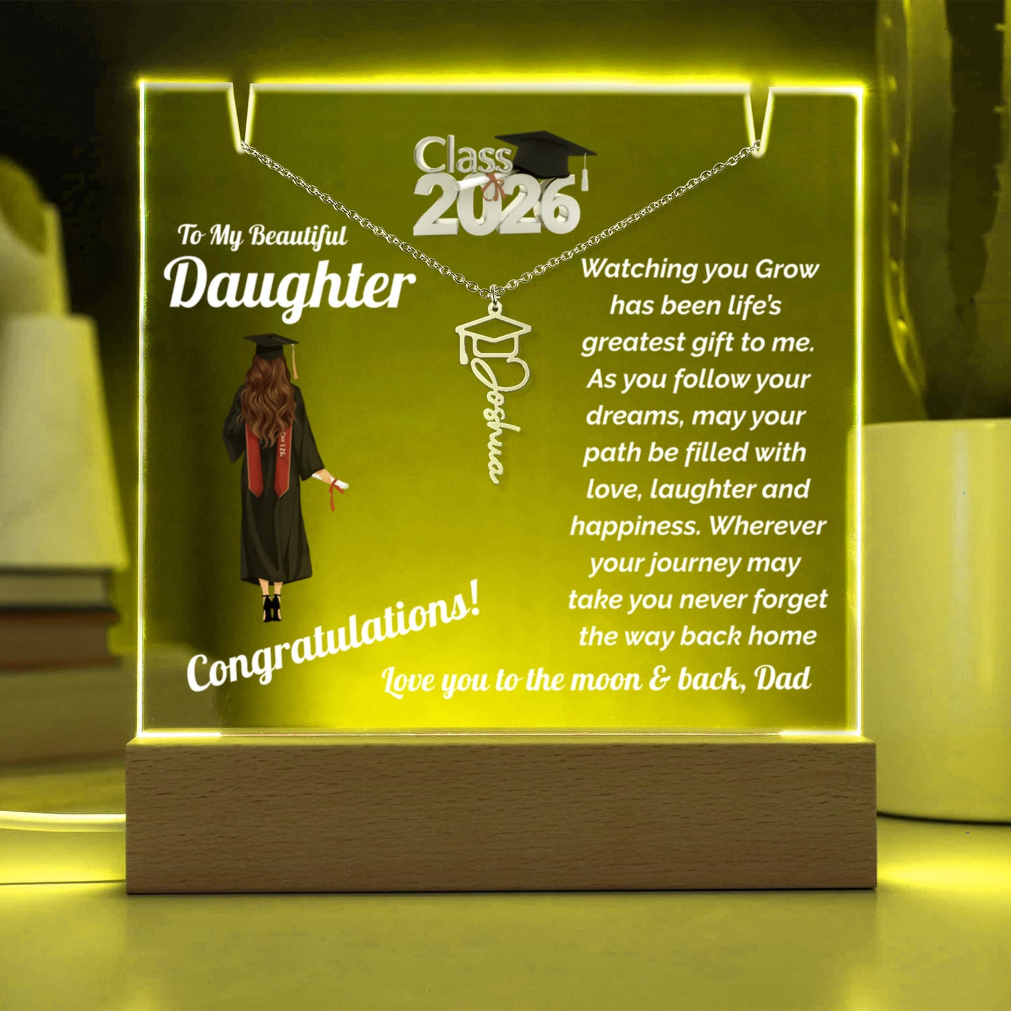 Daughter Keepsake Plaque for Graduation with Personalized Name Necklace