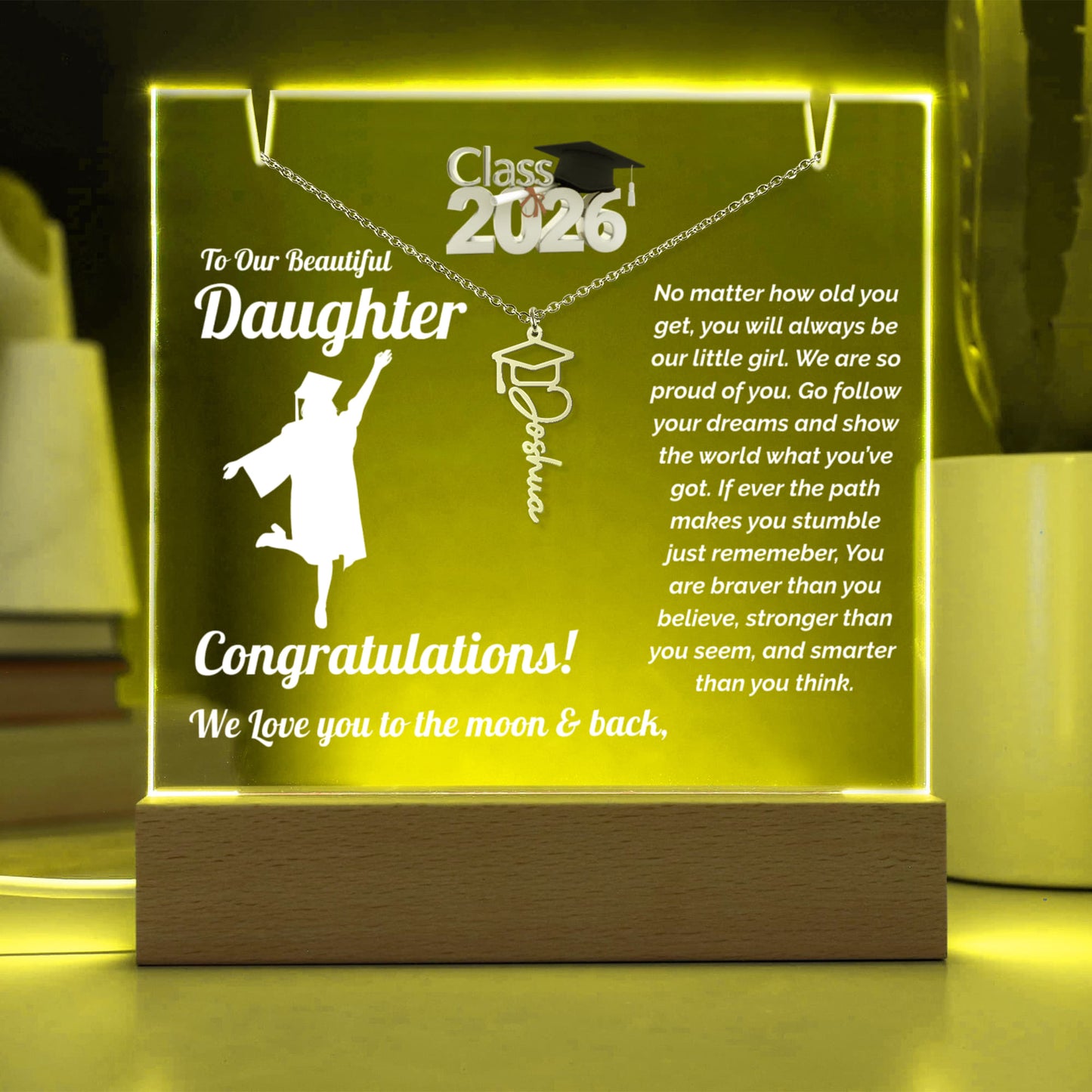 graduation necklace acrylic night light personalized name necklace with class 2026 student cap and gown female display color Yellow