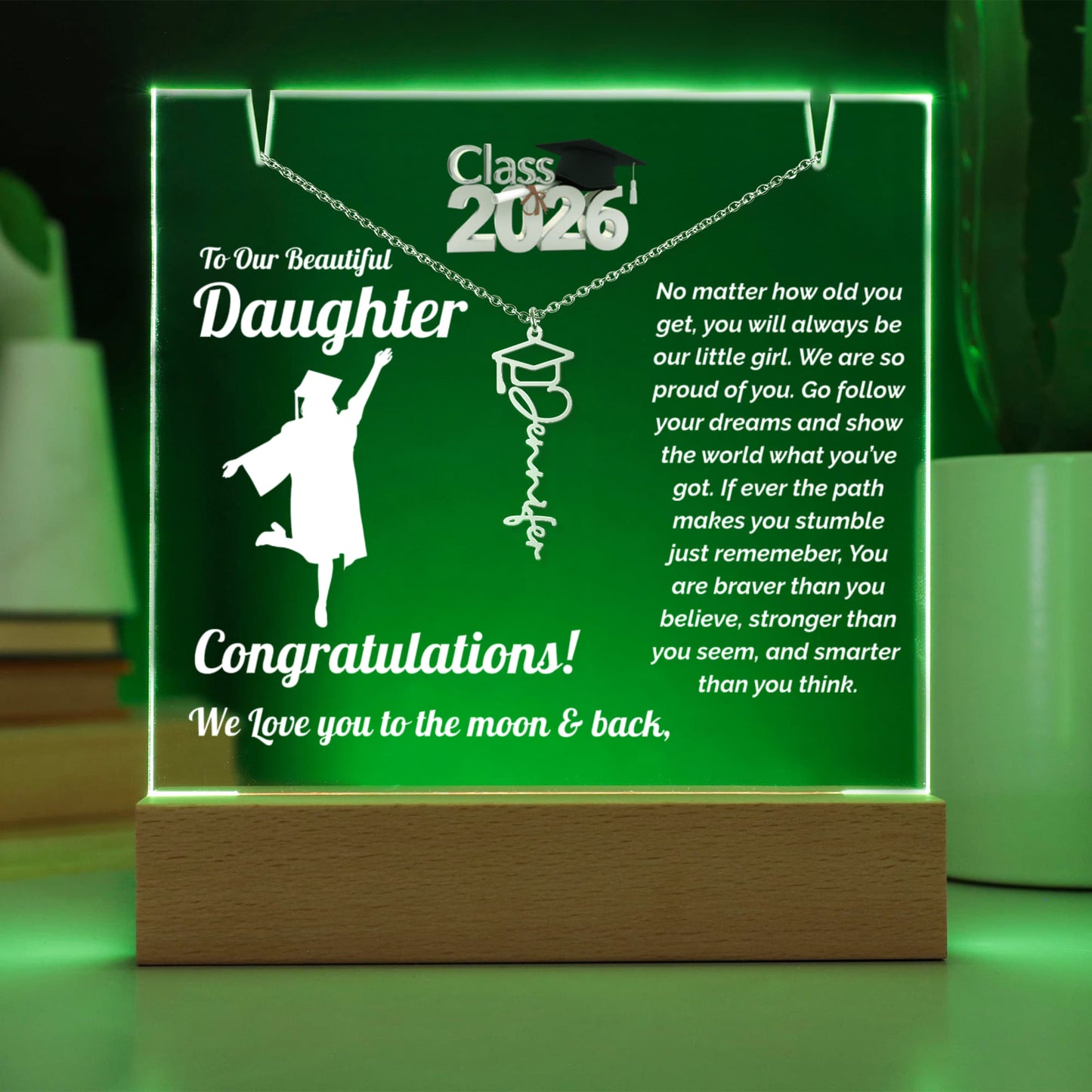 graduation necklace acrylic night light personalized name necklace with class 2026 student cap and gown female display color Green