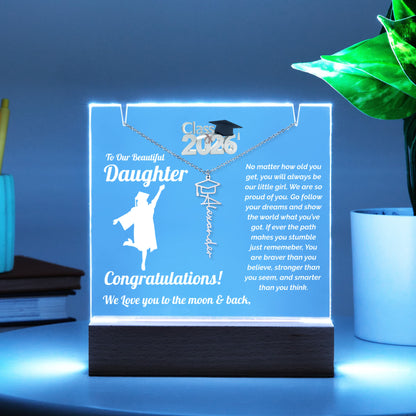graduation necklace acrylic night light personalized name necklace with class 2026 student cap and gown female display color turquoise blue pastel