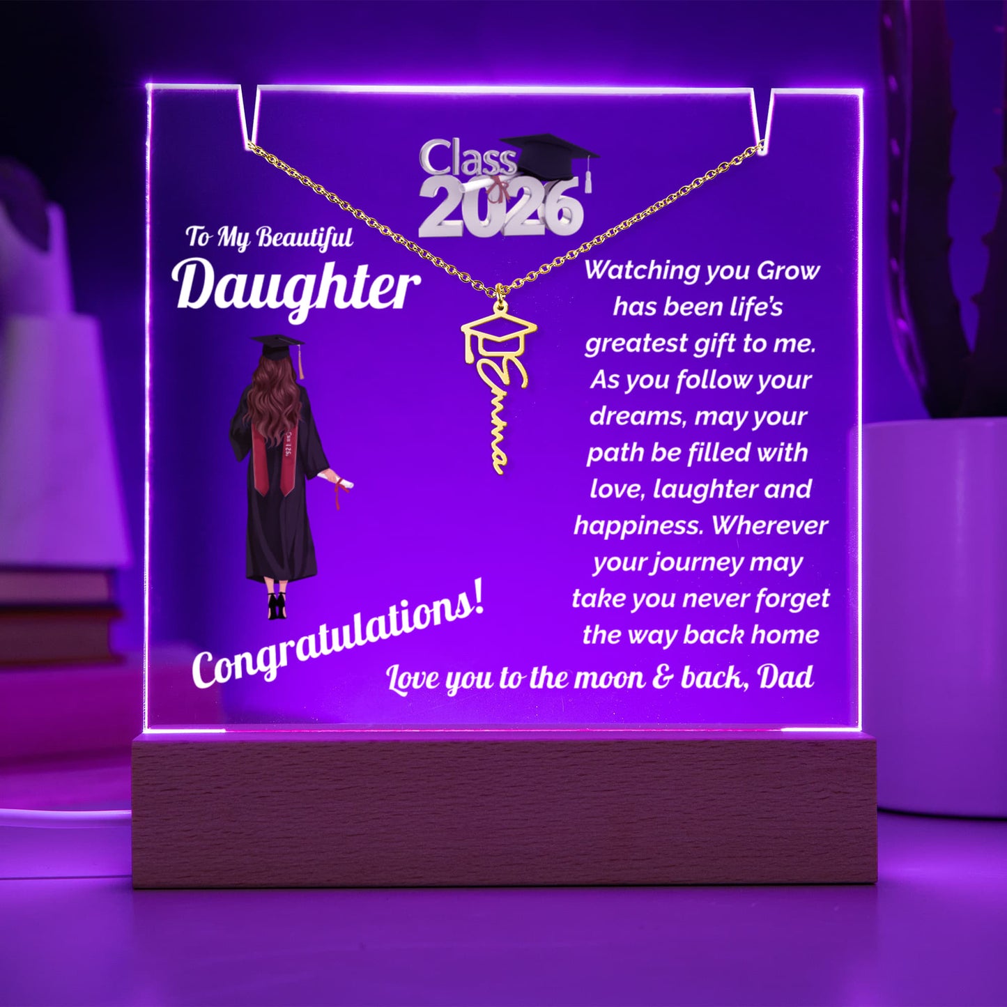 Daughter Keepsake Plaque for Graduation with Personalized Name Necklace