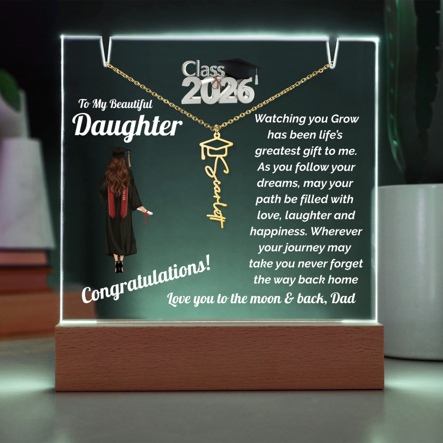 Daughter Keepsake Plaque for Graduation with Personalized Name Necklace