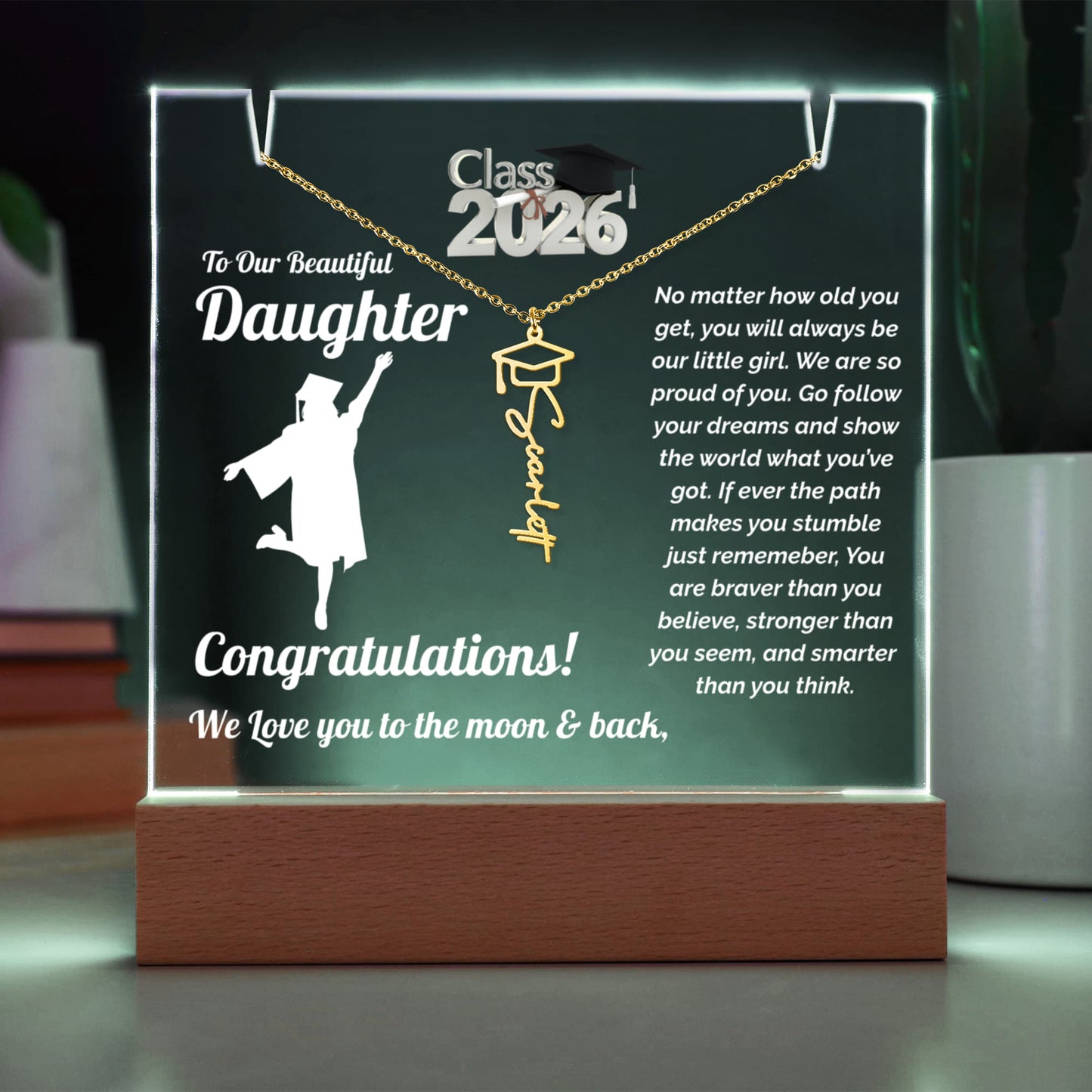 graduation necklace acrylic night light personalized name necklace with class 2026 student cap and gown female display color opaque white light