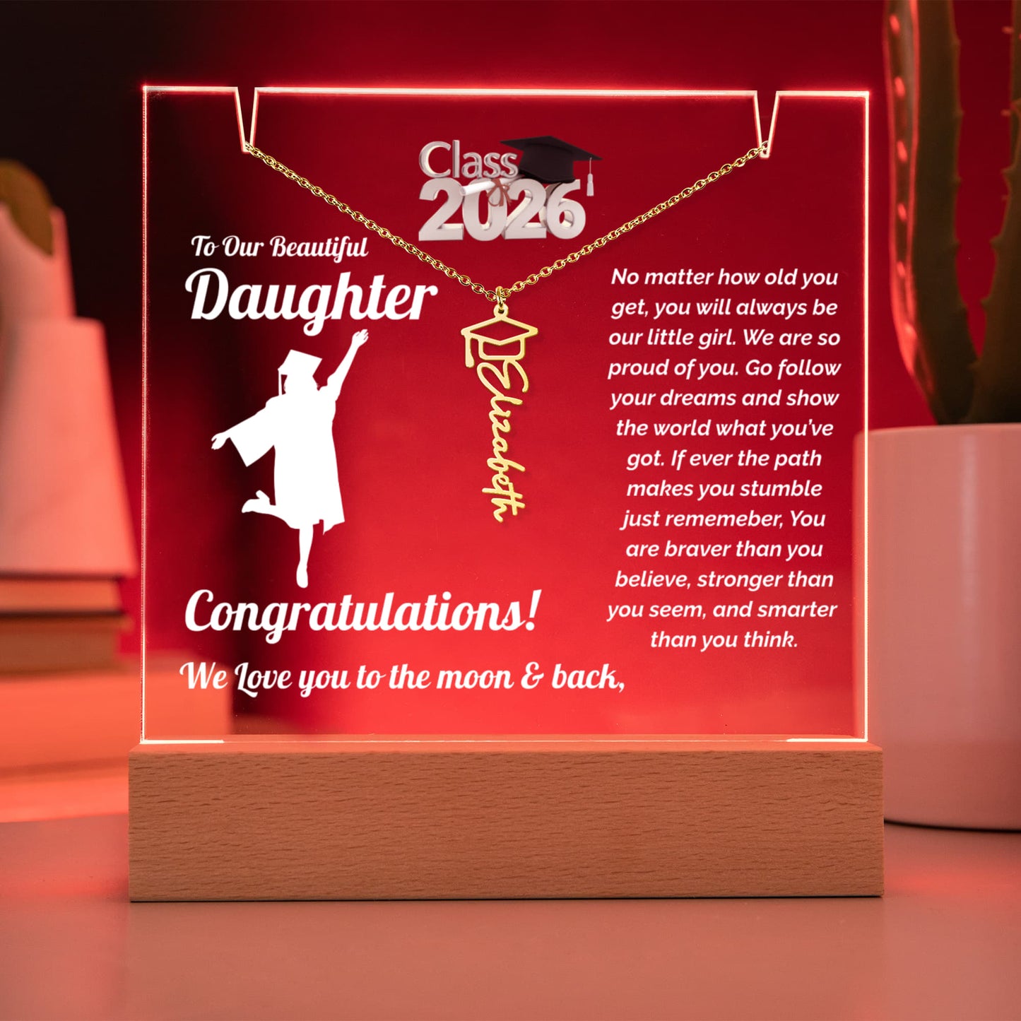 graduation necklace acrylic night light personalized name necklace with class 2026 student cap and gown female display