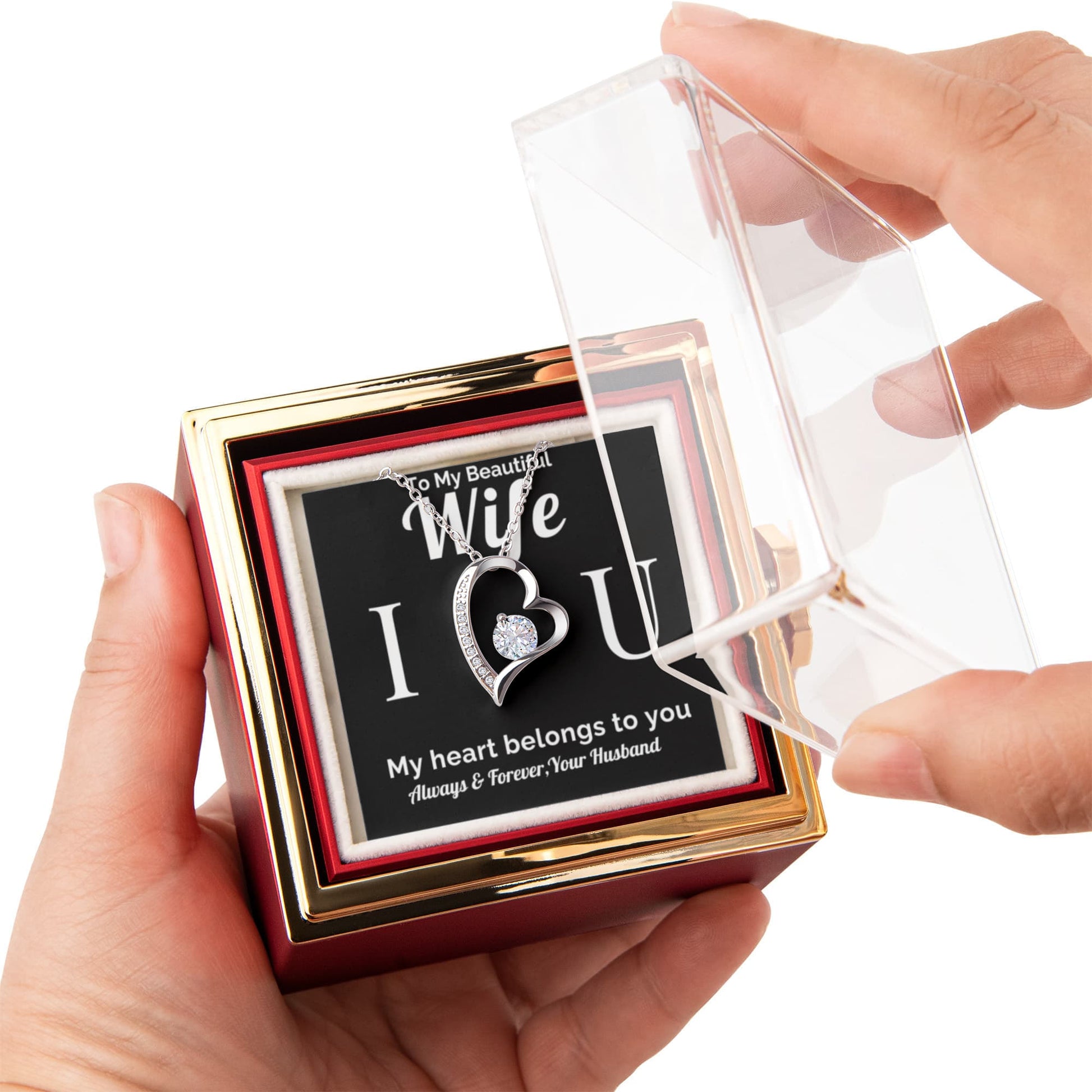 Wife love heart necklace silver rose box I love you