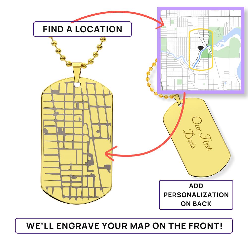 Dog Tag Personalised Map & Engraved Message Necklace- Our Special Place Map