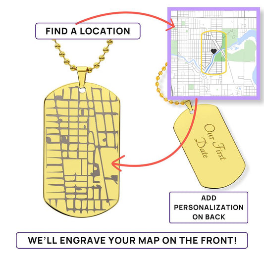 Dog Tag Personalised Map & Engraved Message Necklace- Our Special Place Map