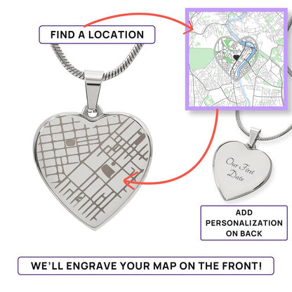 Heart Shaped Pendant Personalized with Engraved Special Location Map and Message