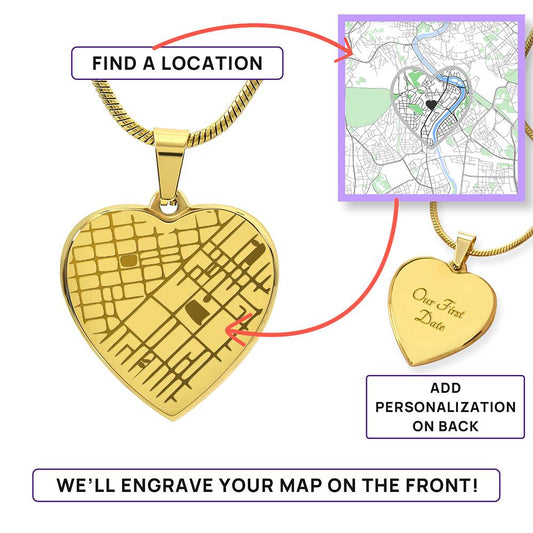Heart Shaped Pendant Personalized with Engraved Special Location Map and Message