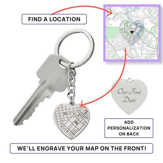 Personalised Map & Message Engraved Heart Key Chain
